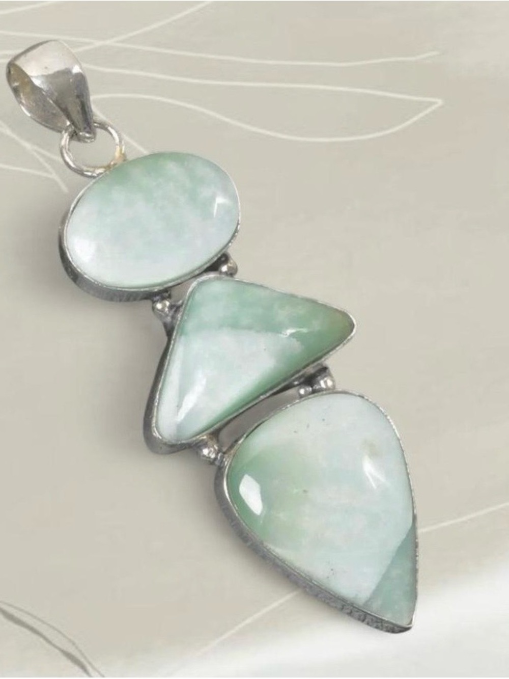 Natural 3-Stone Larimar Sterling Silver 2.5” Gemstone Pendant